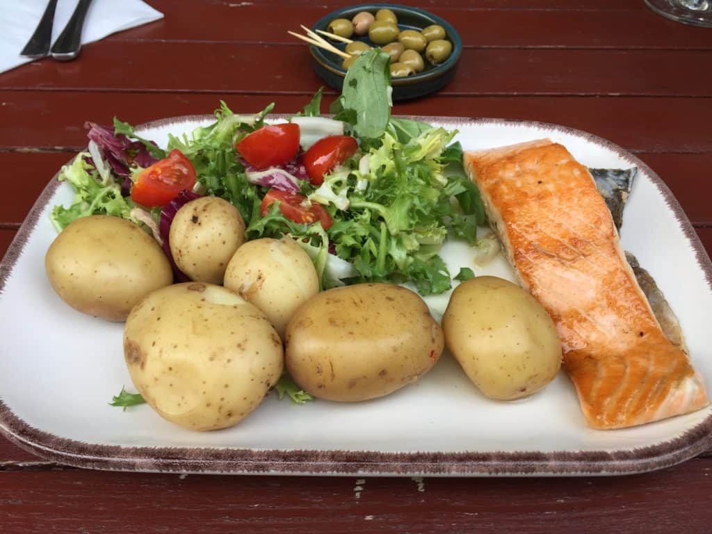 Salmon and new boiled potatoes at Santiago's Tapas Bar & Restaurant in Cardiff, Wales