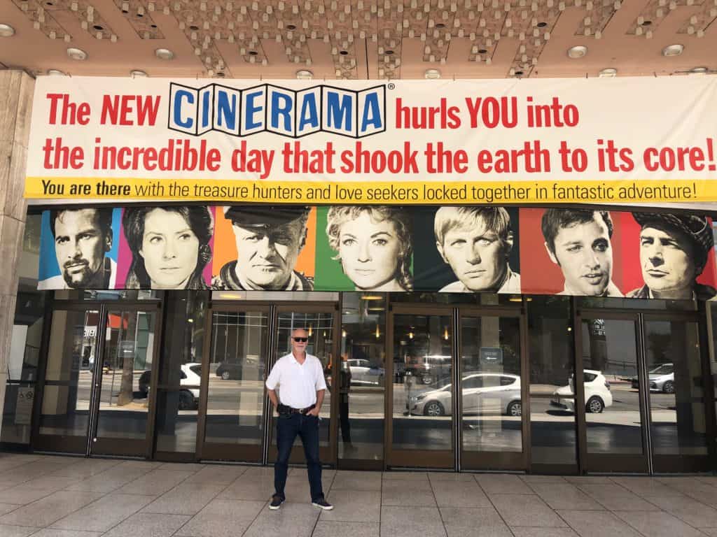 Outside the front doors of the Cinerama theater in Hollywood California