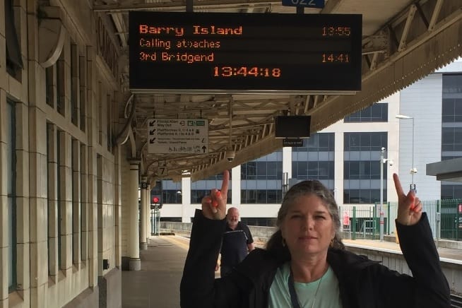 Train station sign for Barry Island route at Cardiff train station