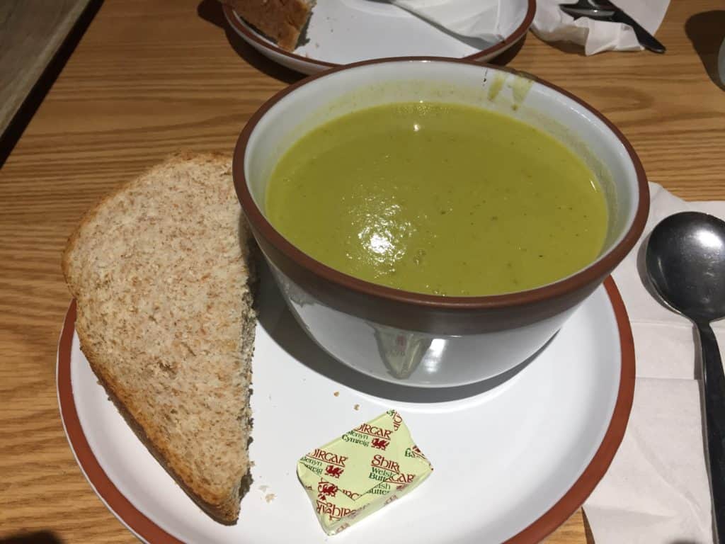 Minted Pea Soup served at cafeteria of St Fagan Museum in Cardiff