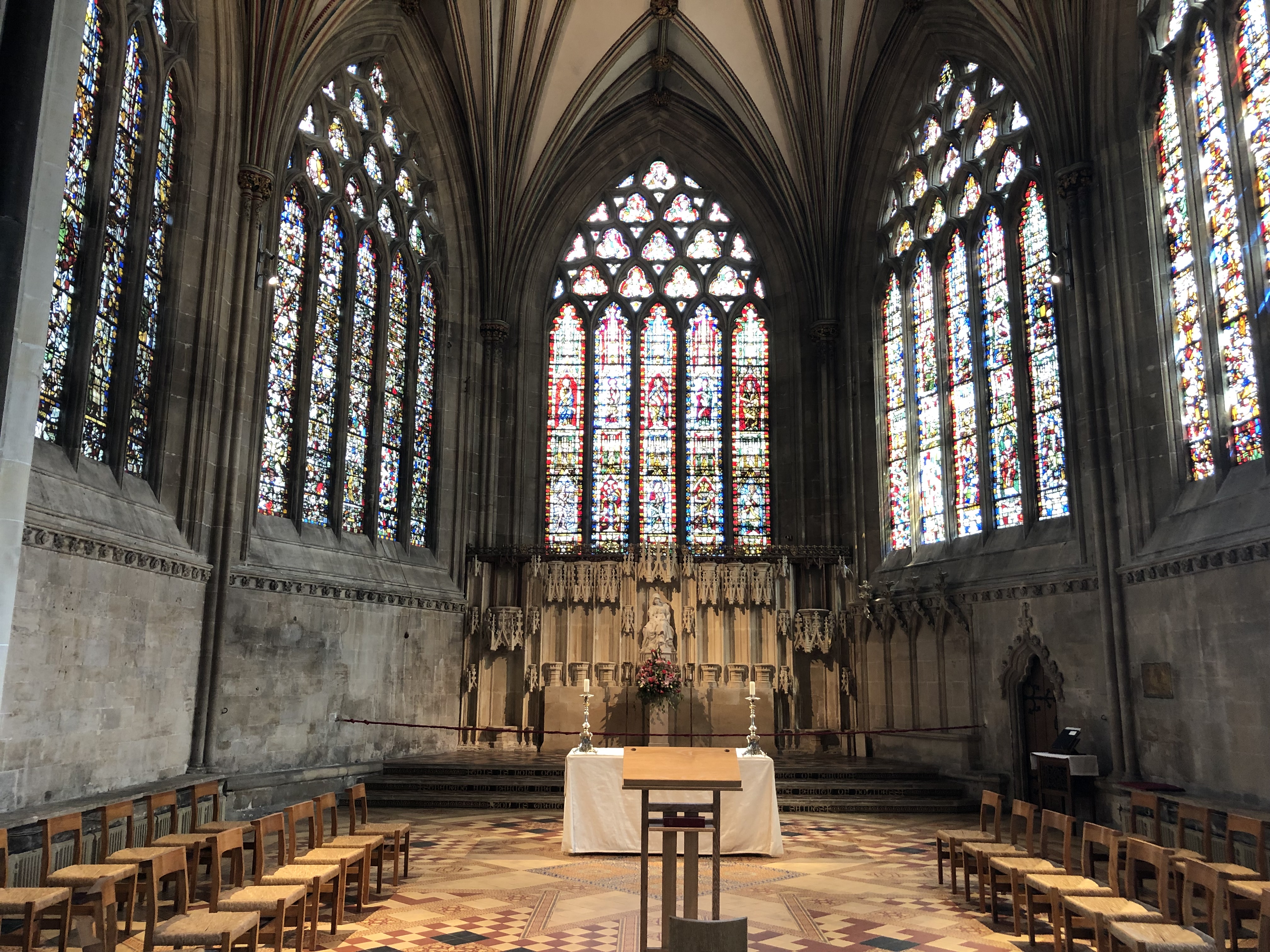 Stained glass inside Wells Cathedral