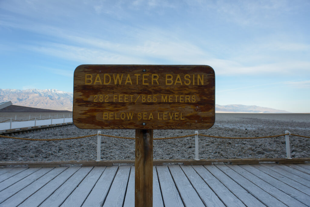 Badwater Basin sign - Death Valley National Park. Photo by https://theplaceswherewego.com/