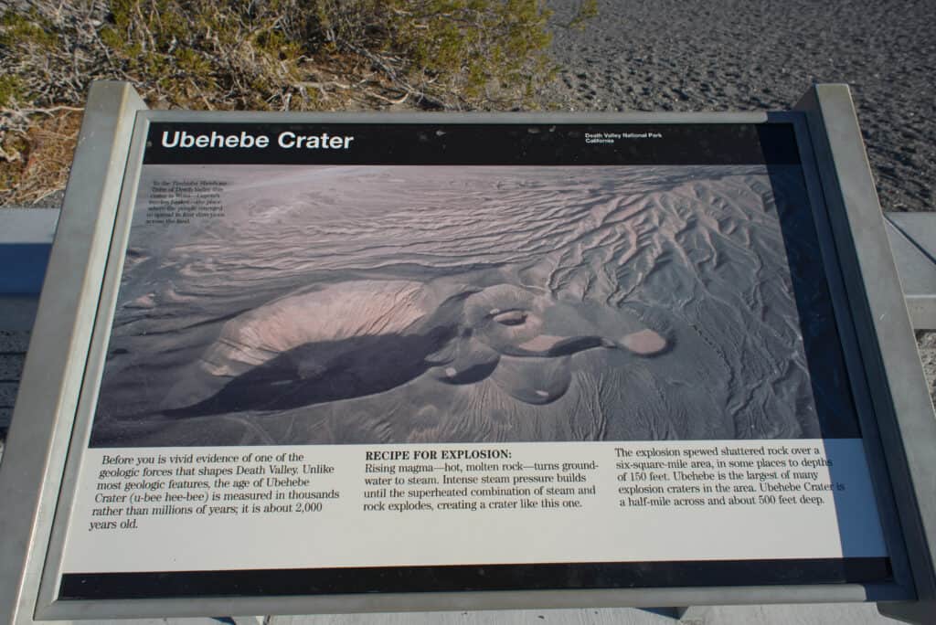 Informational display about Ubehebe Crater in Death Valley National Park