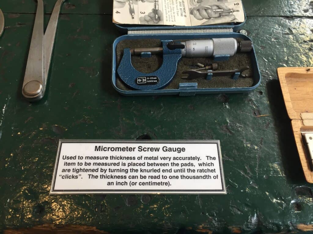 Photo of micrometer screw gauge used for measuring the thickness of metal. The photo is from a display at the Trenchard Museum.