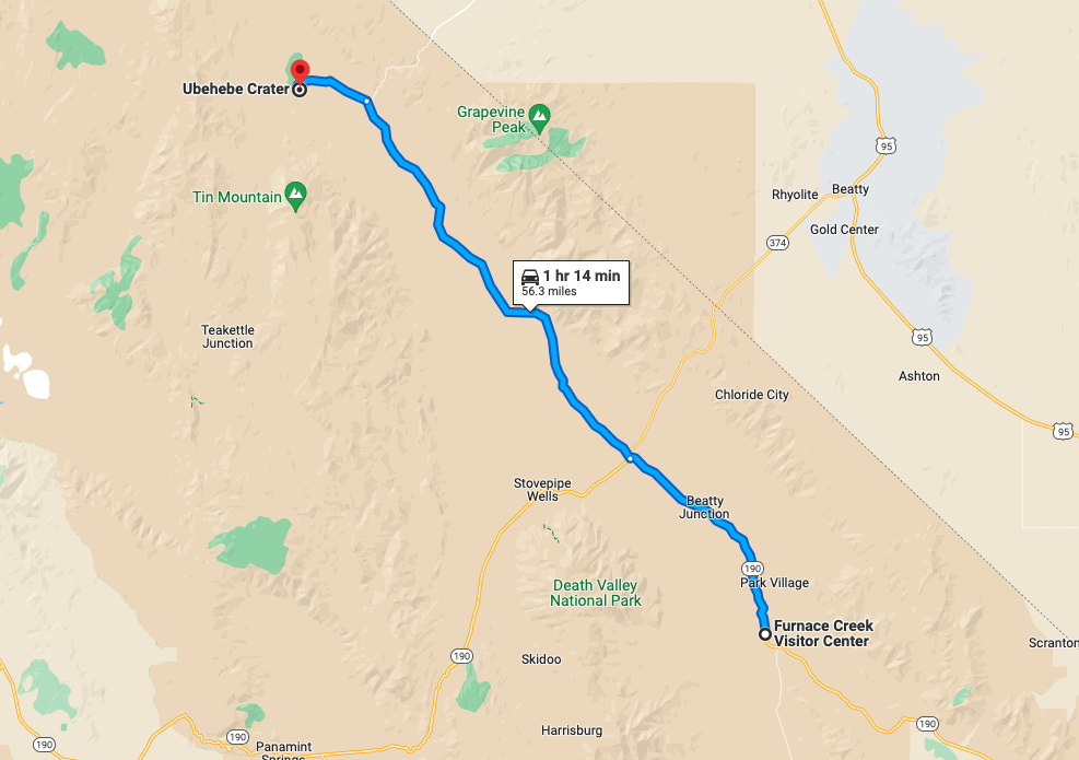 Map showing path from Furnace Creek Visitor Center to Ubehebe Crater in Death Valley National Park