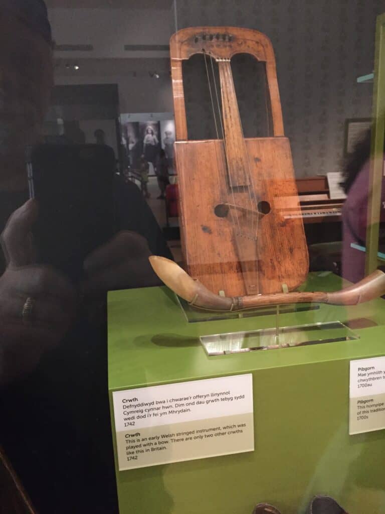 Crwth - a musical stringed instrument displayed at St Fagans museum in Cardiff Wales