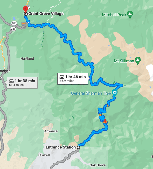 Google map - Sequoia National Park Scenic Drive route
