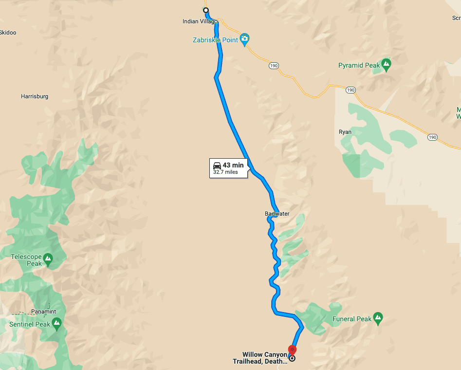 Furnace Creek to Willow Canyon trailhead map view