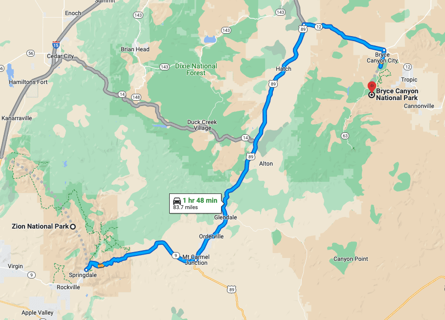 Zion National Park to Bryce Canyon National Park map