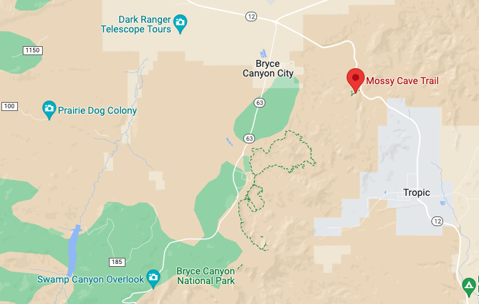 Map showing location of Mossy Cave Trail nearby Bryce Canyon National Park