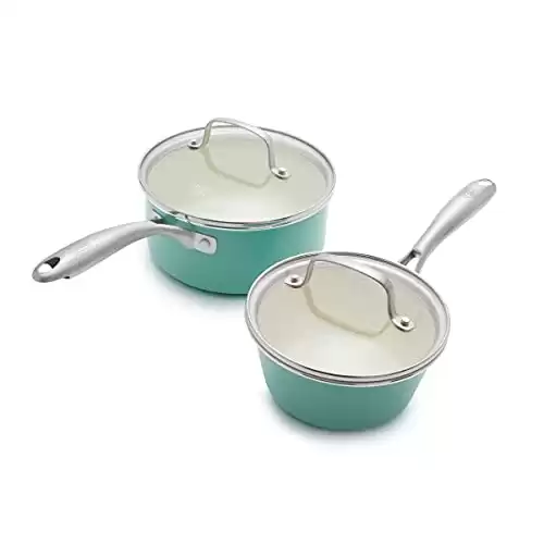 GreenLife Artisan Healthy Ceramic Nonstick, 1QT and 2QT Saucepan Pot Set with Lids, Stainless Steel Handle, PFAS-Free, Dishwasher Safe, Oven Safe, Turquoise