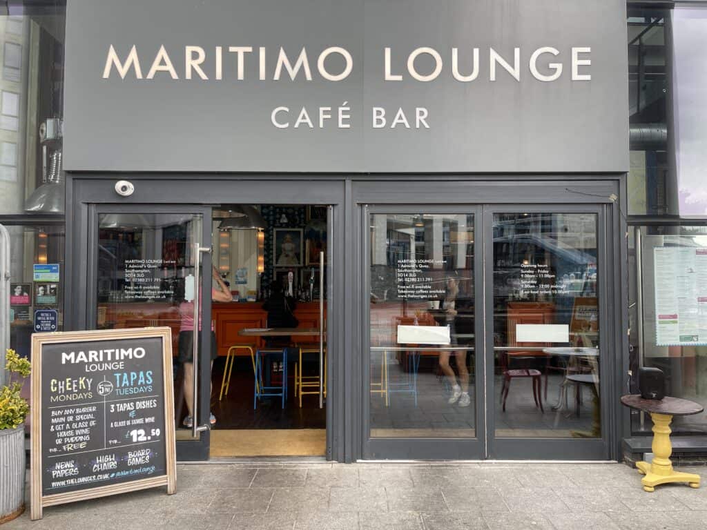 Front entrance to Maritimo Lounge Cafe Bar in Southampton, England
