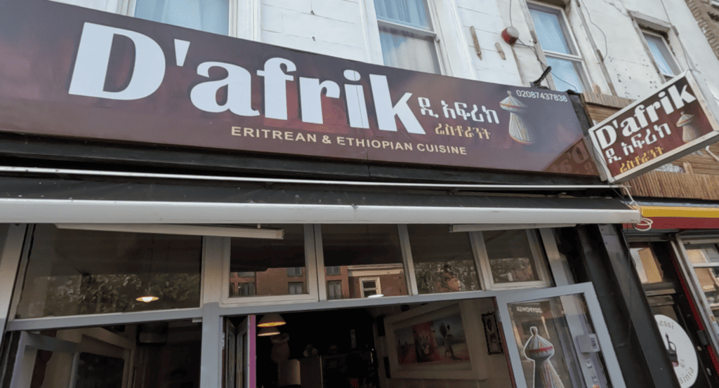 Outside sign for D'Aafrik Eritrean & Ethiopian Cuisine in London