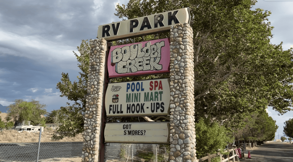 Boulder Creek RV Sign for campground in Lone Pine, California