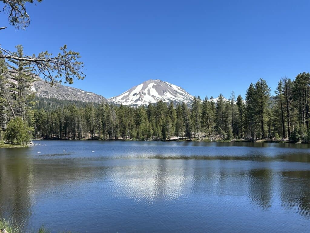 View of water and mountain at Reflection Lake at Lassen Volcanic National Park