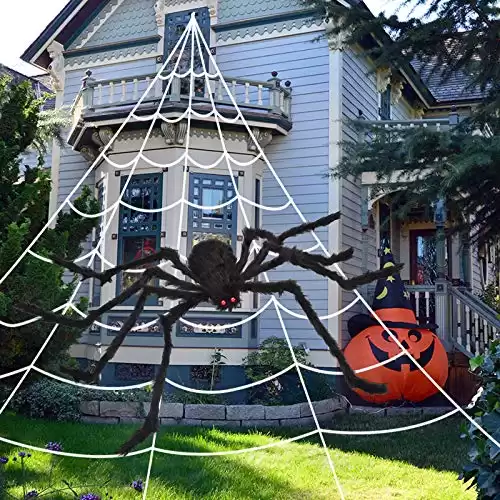 OCATO 200" Halloween Spider Web + 59" Giant Spider Decorations Fake Spider with Triangular Huge Spider Web for Indoor Outdoor Halloween Decorations Yard Home Costumes Parties Haunted House D...