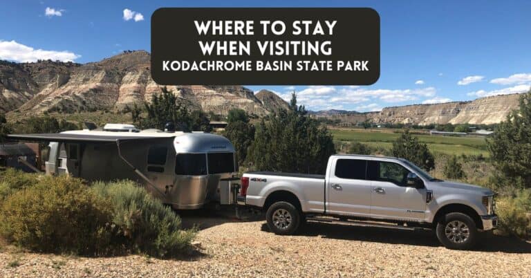 Cover image for blog post about where to stay when visiting Kodachrome Basin State Park with an Airstream and truck in the photo