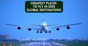 cheapest places to fly internationally blog article cover image with an airplane over a runway