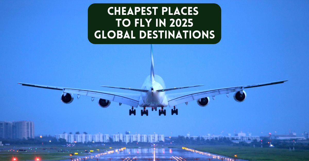 cheapest places to fly internationally blog article cover image with an airplane over a runway