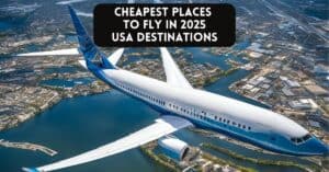 cheapest places to fly in usa blog article cover image with an airplane flying over Orlando, Florida