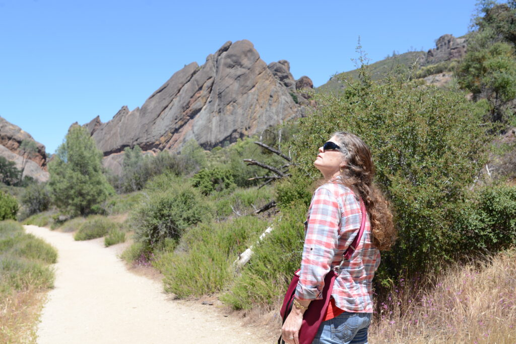 Julie from The Places Where We Go looking at the view at Pinnacles National Park