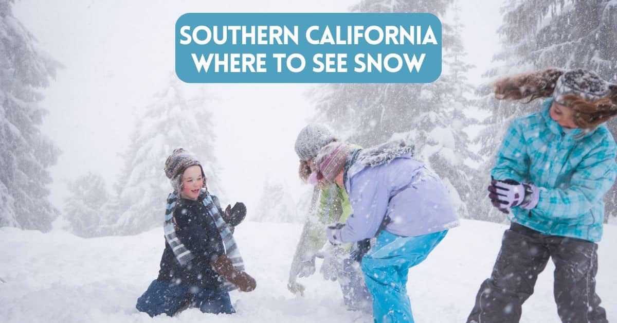 blog post cover image of children playing in snow for article on where to see snow in Southern California