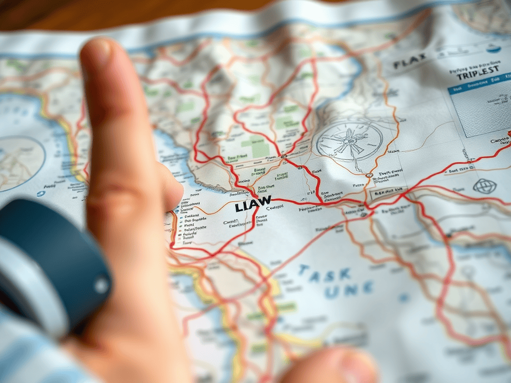 a finger pointing at a map as an example of someone involved in planning a trip