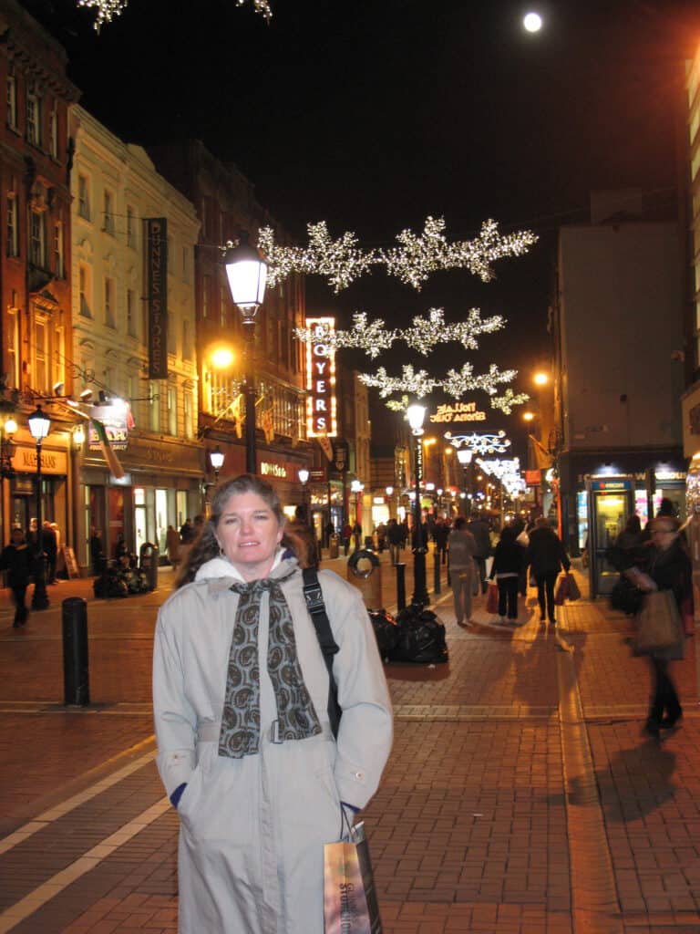 The Places Where We Go in Dublin in late November with Christmas decorations in the street