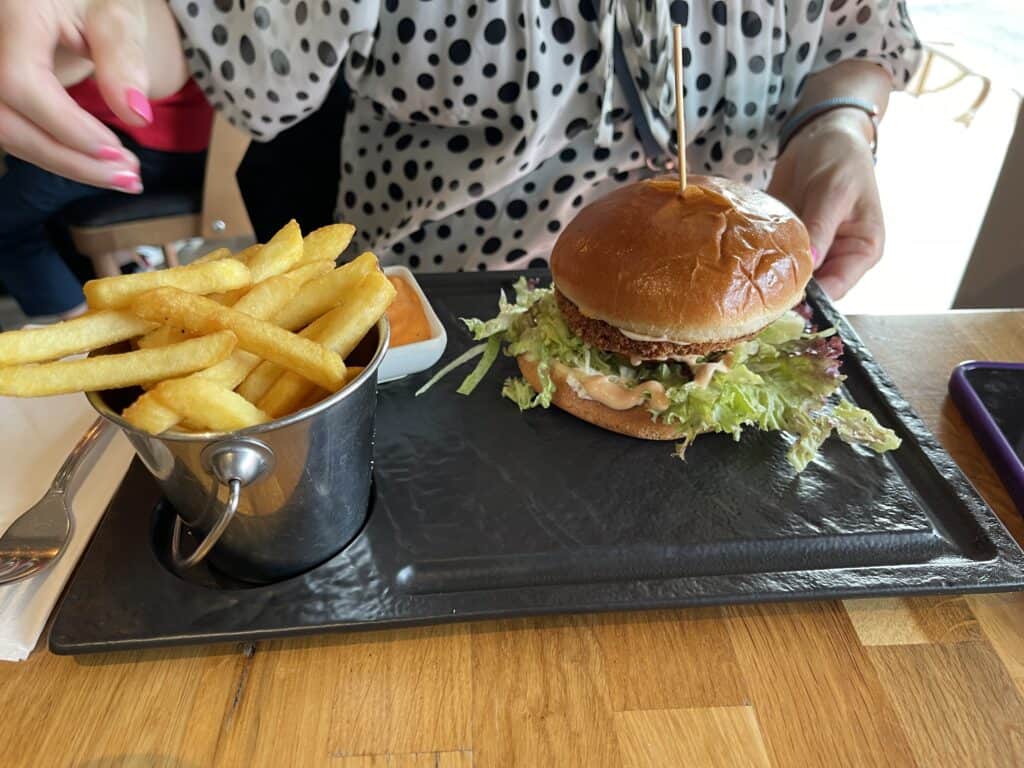 Veggie burger and fries at Seaside Toldboden 7 Kitchens and Bar in Copenhagen