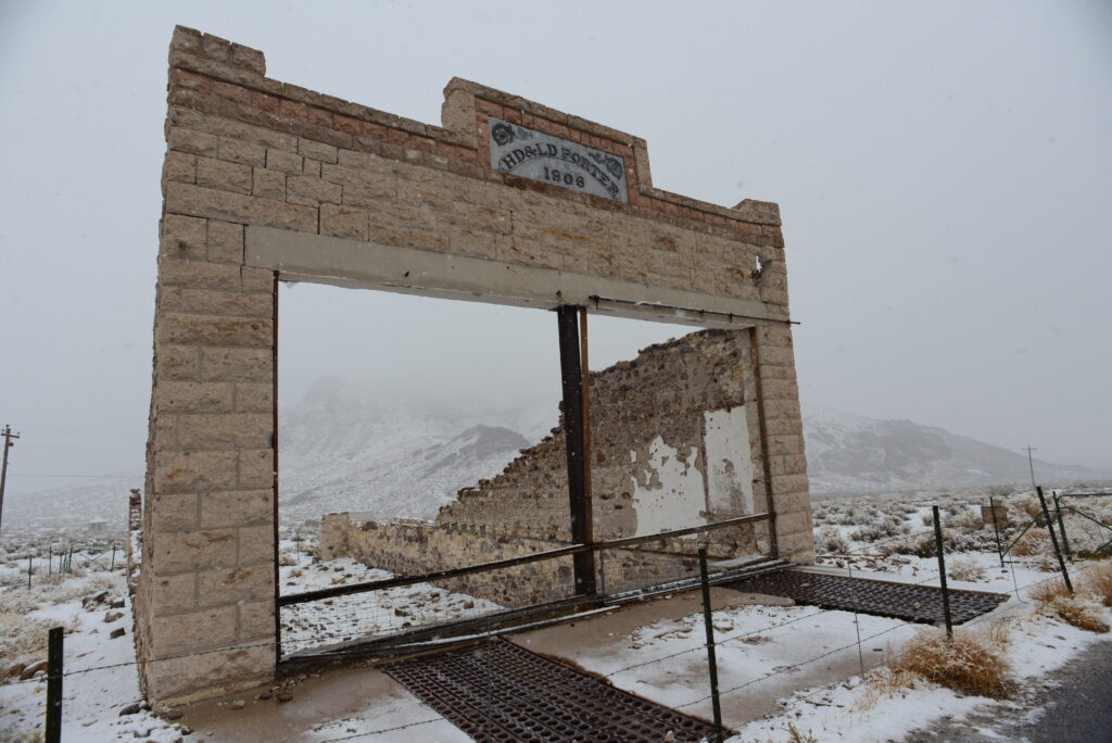 Facade of Porter building in Rhyolite Nevada during winter