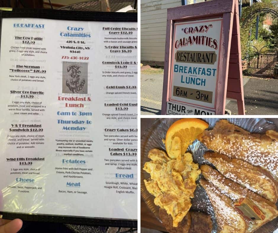Photo collage of menu, restaurant sign, and plate of French toast at Crazy Calamities in Virginia City, Nevada
