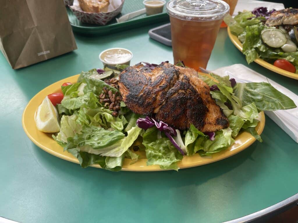 Blackened Salmon Salad at The Gumbo Pot at Farmers Market in Hollywood