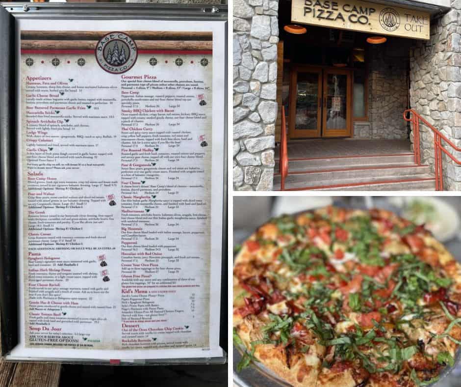 Photo collage of Base Camp Pizza Co in Lake Tahoe showing menu, outside of restaurant, and a pizza