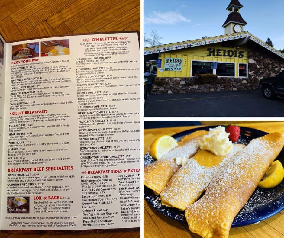 Lake Tahoe Heidis Breakfast Collage with menu, outside of Heidis Restaurant, and pancakes