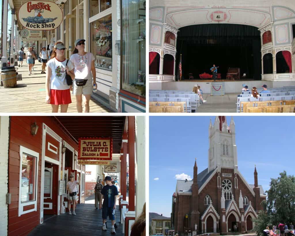 Historic Virginia City boardwalk with saloons, wooden sidewalks, and 19th-century buildings