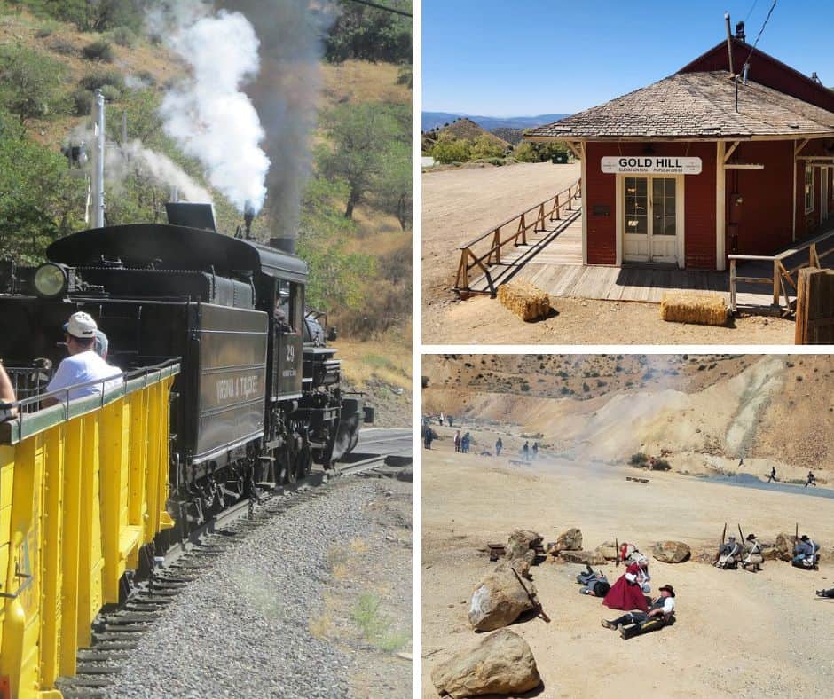 Virginia & Truckee Railroad ride with vintage train cars, Gold Hill signage, and shootout show