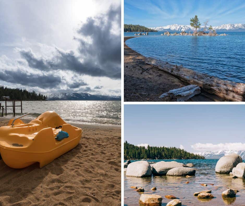 Collage of beach scenes at Zephyr Cove in Lake Tahoe