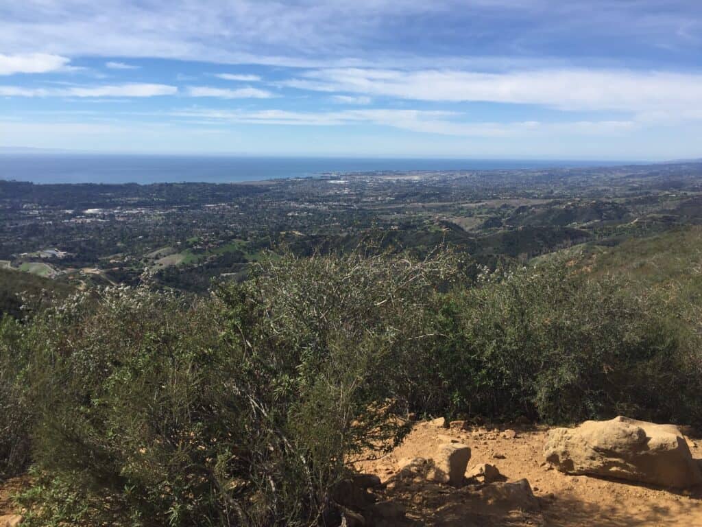View of the Pacific Ocean from a hiking trail in the mountains of Santa Barbara
