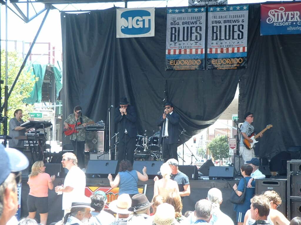 Blues Brothers cover band performing on stage at the BBQ, Brews and Blues Festival in Reno