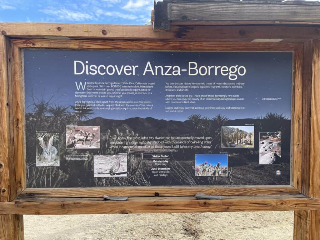 Discover Anza Borrego sign as posted in the state park depicting key features of the park