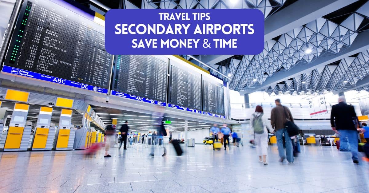 Cover image for blog post about benefits of secondary airports showing people in an airport lobby