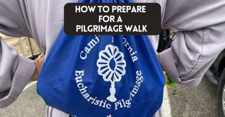 cover image for article titled "how to prepare for a pilgrimage walk" - showing Eucharistic Pilgrimage backpack