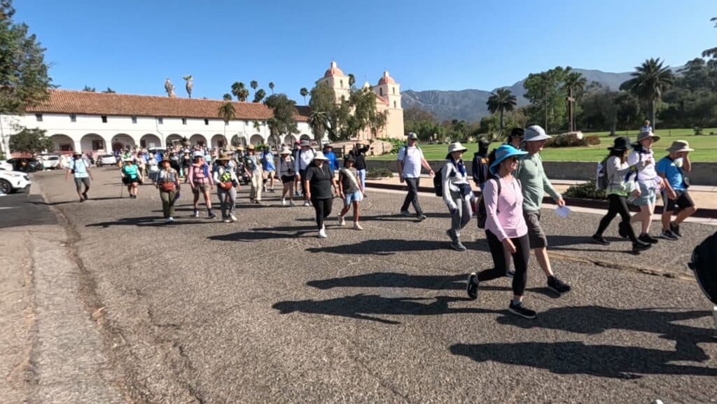 Pilgrims leaving Santa Barbara Mission for Serra Pilgrimage