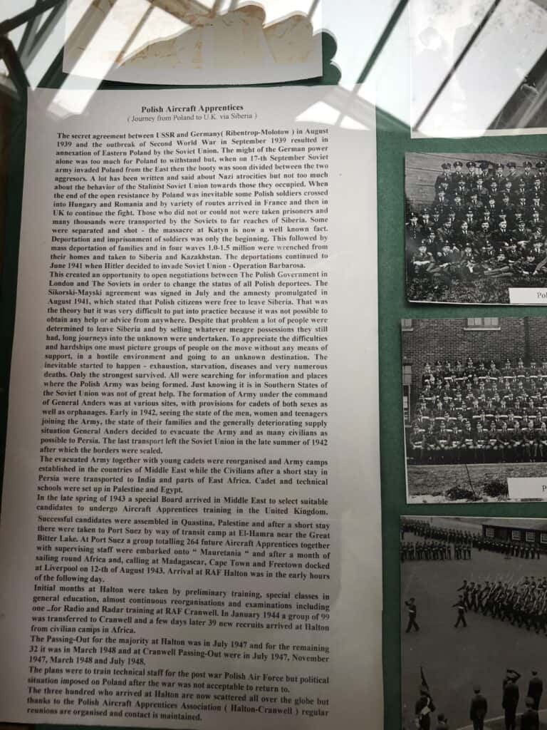 Photo from display case at RAF Halton with information describing Polish Aircraft Apprentices