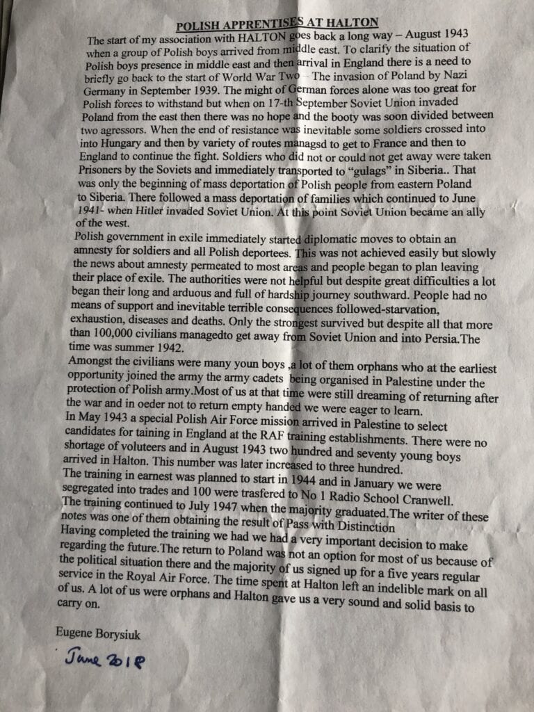Letter from RAF Halton Archives - IMAGE 1649: Polish Apprentises At Halton - Letter by Eugene Borysiuk, June 2018??
