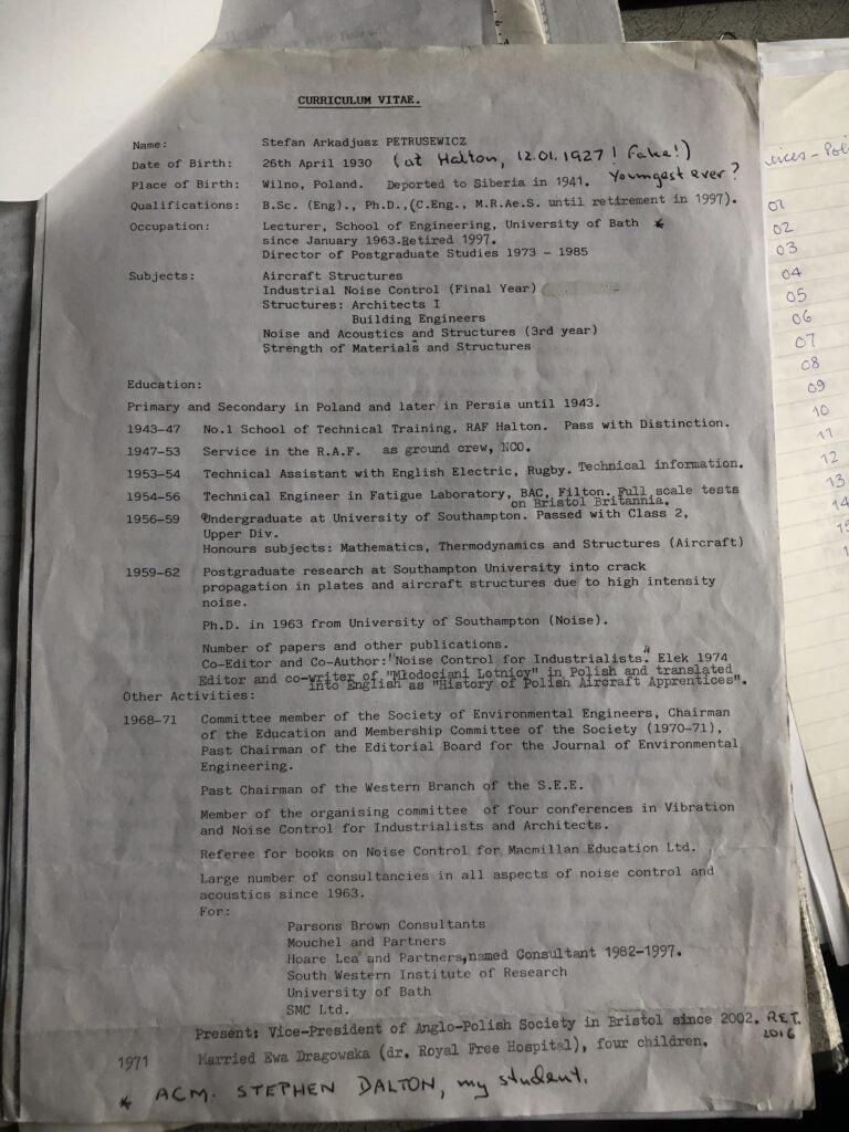 Photo of Curriculum Vitae of Stefan Arkadjusz PETRUSEWICZ - from Polish Apprentice archives at RAF Halton