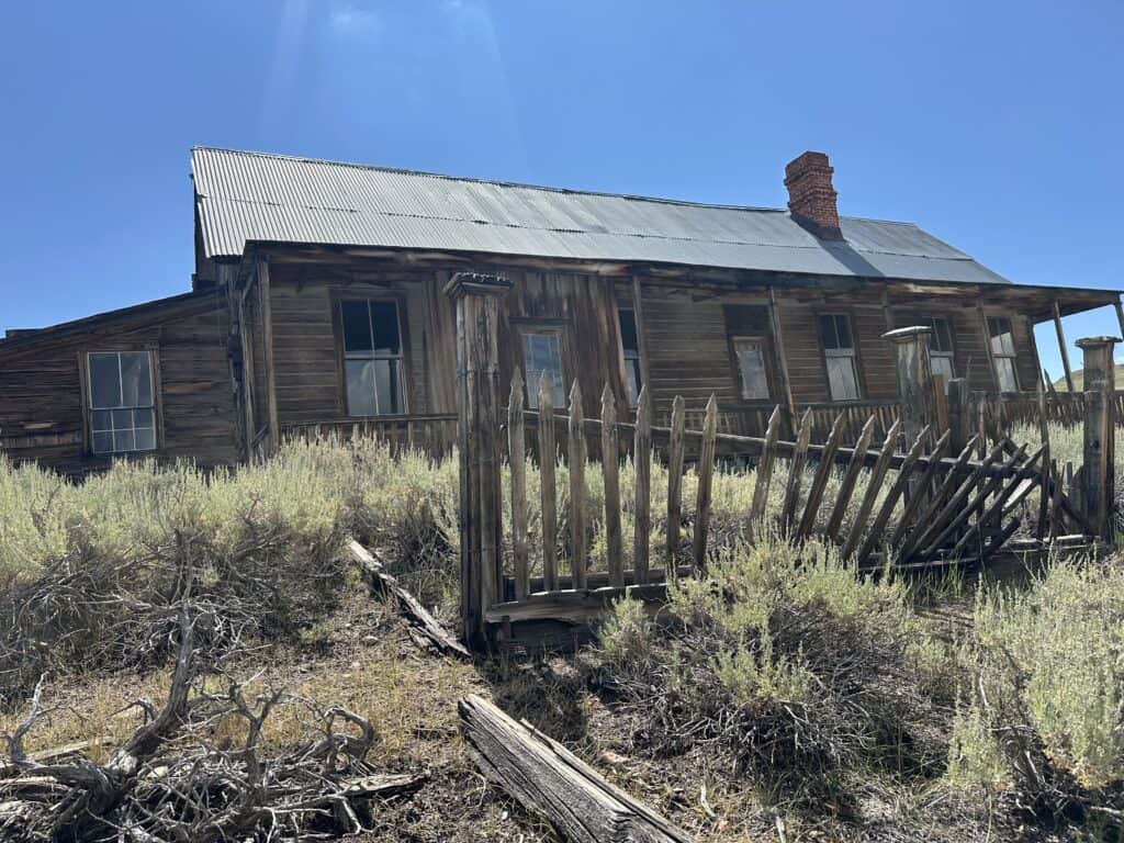 Front of wooden building with picket fence and metal roof - wild shrub growth in front of house