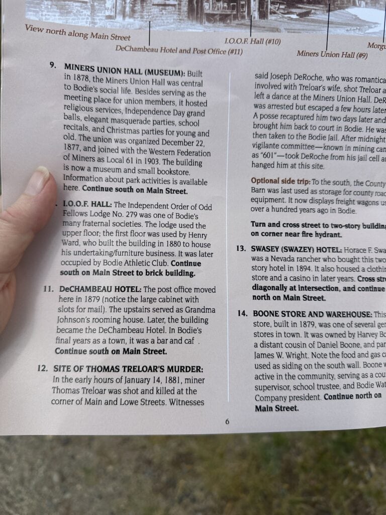 self-guided tour booklet page describing sites at Bodie State Historic Park