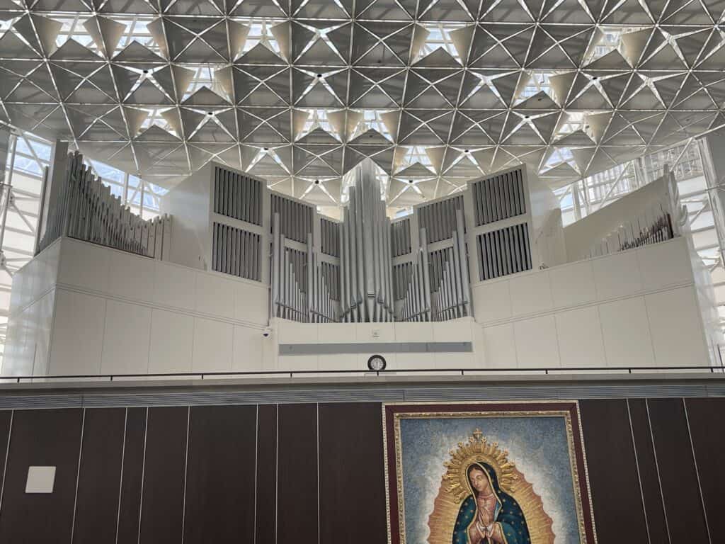 Towering silver pipes of the Hazel Wright Organ inside Christ Cathedral in Garden Grove, California, one of the world's largest pipe organs.